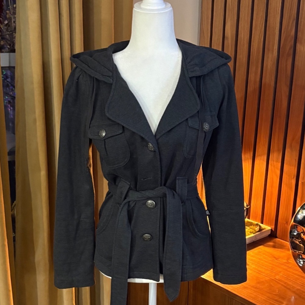Vtg 00s/Y2K L.A. Kitty Black Hooded Utility Jacket Belted‎ Plaid Lined Small